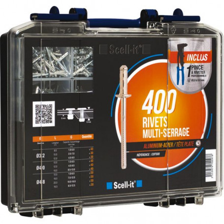 Coffret 400 rivets multi-serrage avec pince à riveter E-500RH