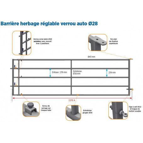 Barrière herbage réglable verrou auto ⌀ 28