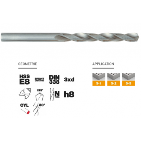 Foret métaux LAZER HSS-E8 (cobalt 8%) -DIN338 -h8 -Pointe en croix - 5 mm