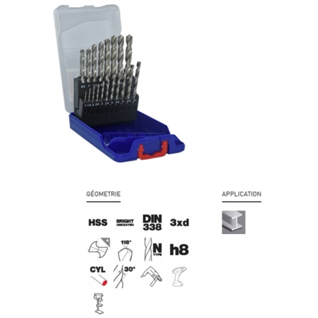Coffret de 19 forets métaux HSS rectifiés pointe en croix Ø 1 A 10 mm/0.5 mm