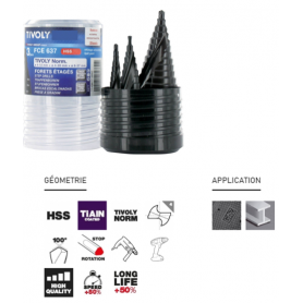 Coffret 3 forets étagés HSS revêtus TiAlN Ø 4 à 37mm