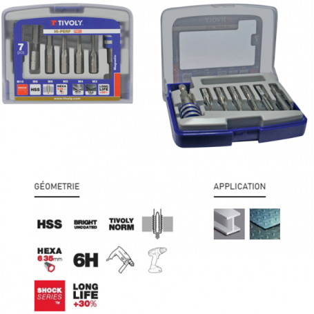 Coffret 6 Tarauds HSS M3-M4-M5-M6-M8-M10 avec porte-embout