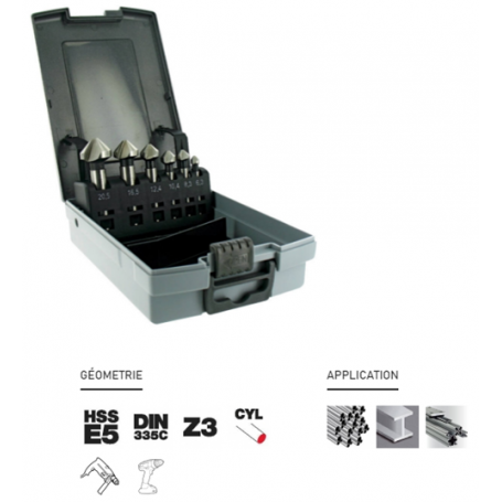 Coffret 6 fraises à noyer HSSE5 DIN335C à 90° Ø 6,3 à 20,5mm